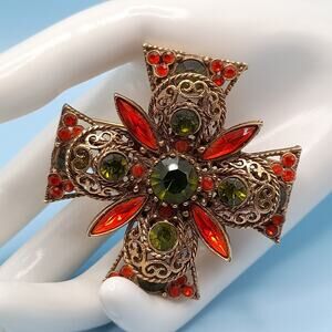 Vintage EMMONS Maltese CROSS Filigree Rhinestone Goldtone Brooch Pin Signed
